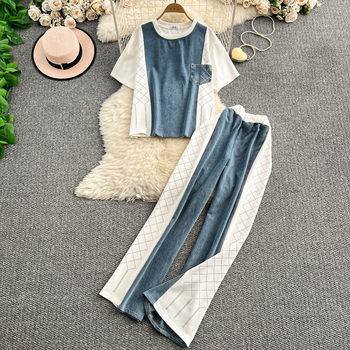 2025 Summer Design Loose Slimming Denim Patchwork Rhinestone Round Neck Short-Sleeve Top + Wide-Leg Pants Two-Piece Set