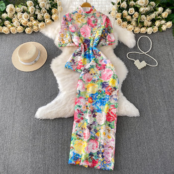 Girls' Fashionable and Elegant Lace Printed Stand-Up Collar Short-Sleeved T-Shirt Top + High-Waisted Slimming Hip-Hugging Skirt Two-Piece Set