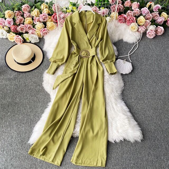 Fashionable temperament OL professional suit collar jumpsuit lantern sleeve goddess Fan waist slimming wide-leg trousers jumpsuit