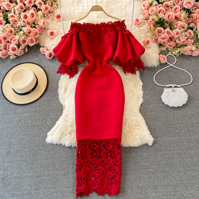 Retro French waist red bag hip dress long skirt lace stitching one-word neck off-shoulder lantern sleeve dress