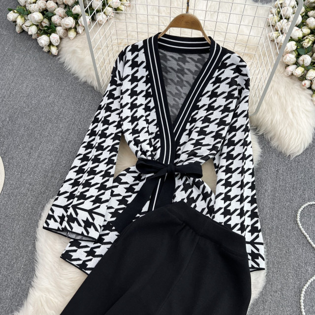 Fashion suit female celebrity temperament V-neck houndstooth waist belt top two-piece set high waist slimming wide-leg pants