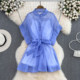 2023 Korean version of the new design sense stand-up collar micro-permeable light chiffon bat sleeve dress suspenders two-piece set for women