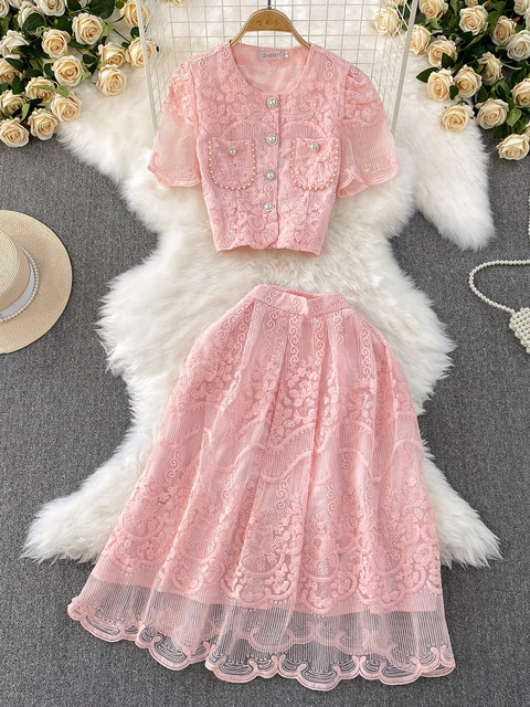 Ladylike temperament lace embroidery two-piece set for women 2025 new summer petite high-end top + skirt