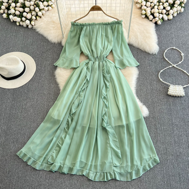 Seaside holiday beach dress super fairy forest one-shoulder off-the-shoulder ruffled chiffon dress elegant long skirt