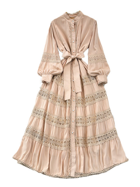 2025 Spring and Autumn European and American Fashion Lantern Long Sleeve Stand Collar Waist Slimming Lace Splicing A-Line Swing Dress