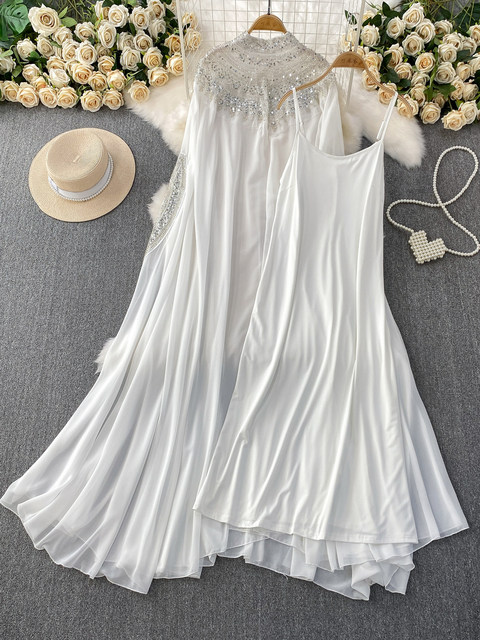European and American style niche heavy industry embroidered beads and sequins long-sleeved dress women's summer loose and belly-covering long dress