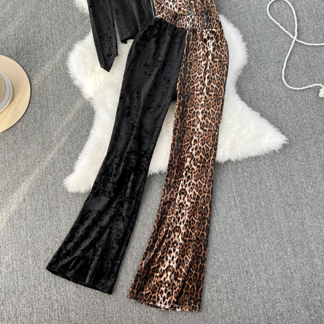 Fashion suit women's European and American zipper gold velvet shirt two-piece retro leopard print tight-fitting high-waisted slit trousers