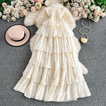 Atmospheric Niche French-Style Lace-Up Dress for Women, New Summer Style, Sexy Waist-Cinching, Slimming, Layered Ruffle Long Dress