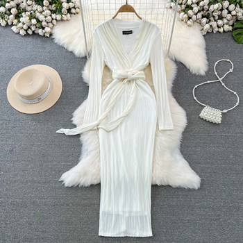 White Slightly Loose V-Neck Tie Long-Sleeve Solid Color Long Dress for Women, Summer French Style Slim Fit Bodycon Velvet Dress for Women