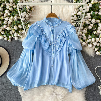 Light Luxury Fairy-Style Pearl Stand-Up Collar Lantern Sleeve Shirt for Women, Autumn and Winter, High-End, Stylish, Age-Reducing, Pearlescent Sheer Blouse