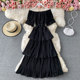 One word neck pleated dress summer sweet ruffled temperament mid-length beach skirt off-the-shoulder thin cake skirt