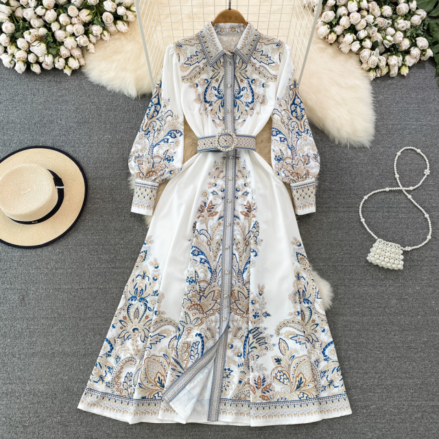 High-end shirt dress retro court style temperament lapel waist slimming single-breasted printed a-line dress