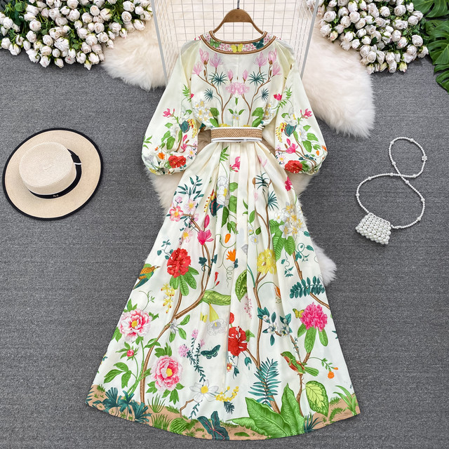 High-end light luxury temperament V-neck waist slimming single-breasted printed a-line dress commuting big swing dress long skirt