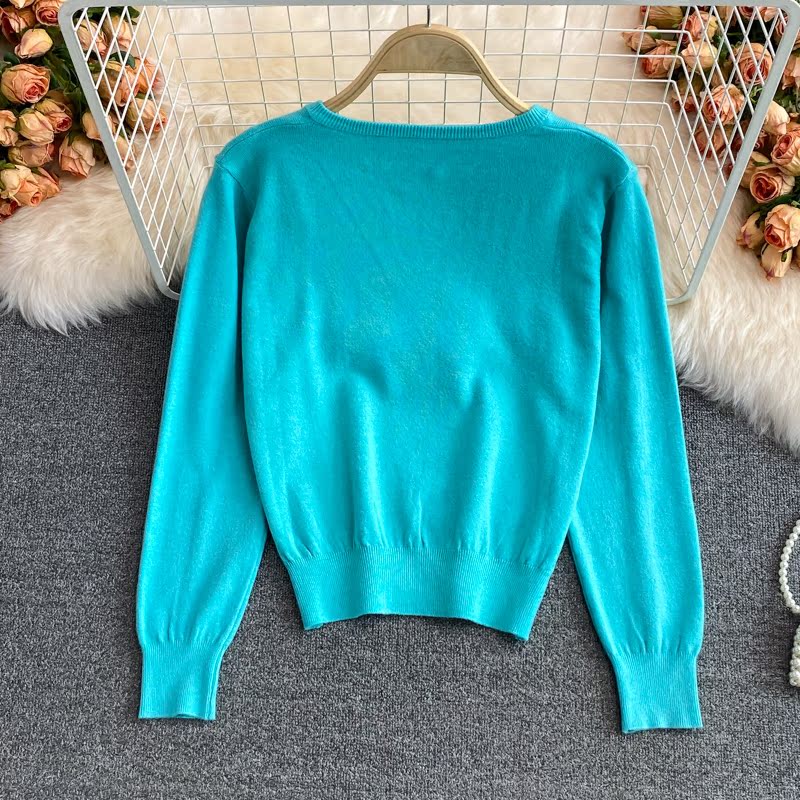 2021 autumn and winter Korean version new design sense chain slim knit sweater foreign style short long sleeve top