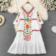 Bohemian ethnic style embroidery V-neck loose cotton and linen a-line big swing dress seaside holiday big swing long skirt