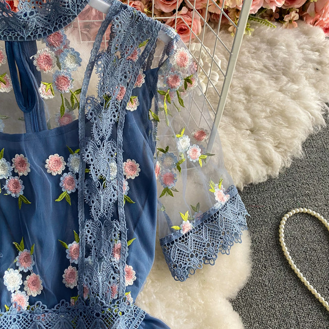 Elegant temperament waist thin mesh embroidery high-end A-line dress super fairy gentle wind big swing long skirt summer