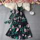 French retro light familiar style floral suspender dress summer waist thin temperament goddess fan print large swing dress