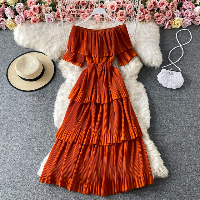 One word neck pleated dress summer sweet ruffled temperament mid-length beach skirt off-the-shoulder thin cake skirt