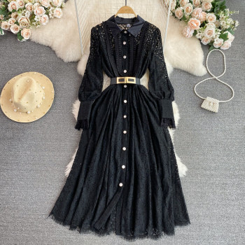 Retro Temperament Lapel Single-breasted Waist Slim Crochet Hollow Lace Shirt Dress Elegant Long Skirt