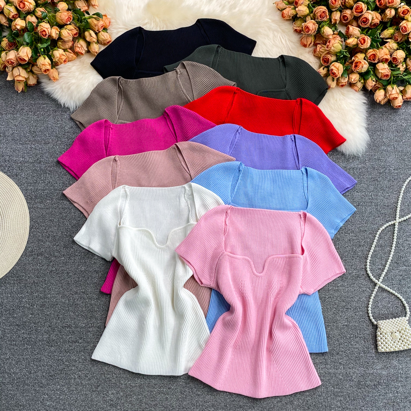 Women's Knitwear Short Sleeve Blouses Pleated Simple Style Solid Color display picture 1