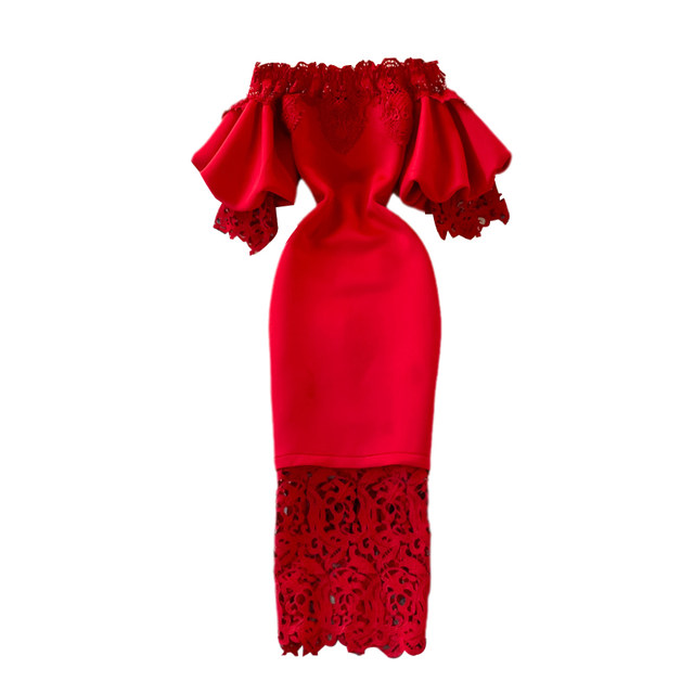 Retro French waist red bag hip dress long skirt lace stitching one-word neck off-shoulder lantern sleeve dress