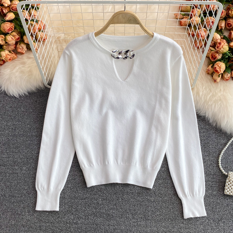 2021 autumn and winter Korean version new design sense chain slim knit sweater foreign style short long sleeve top