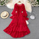 Spring super fairy seaside holiday ruffles high waist slim V-neck dress desert travel red big swing dress