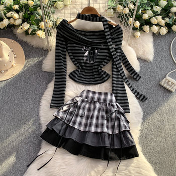Elegant and Stylish Off-Shoulder T-Shirt with Chest Pads and Striped Print + Slimming Tiered Skirt Two-Piece Set