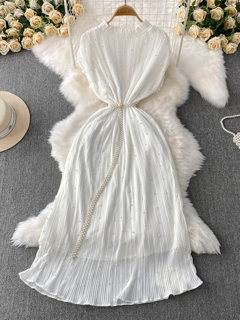 Elegant Socialite Style Heavy Pearl Trim Round Neck Dress for Women, New Summer Waist-Cinching Slimming Pleated Long Dress