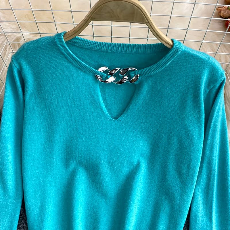 2021 autumn and winter Korean version new design sense chain slim knit sweater foreign style short long sleeve top