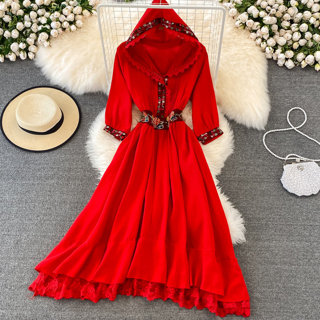 Yunnan Travel Sanya Super Fairy Seaside Beach Big Red Dress Desert Big Swing Long Skirt Hooded Embroidered Dress Summer