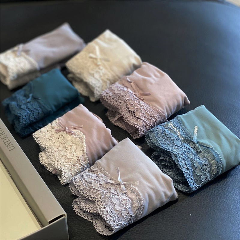 Spanish O Brand 7-Pack Modilan Women's Seamless Mid-Waist Bowknot Ice Silk Panties Lace Thin Underwear