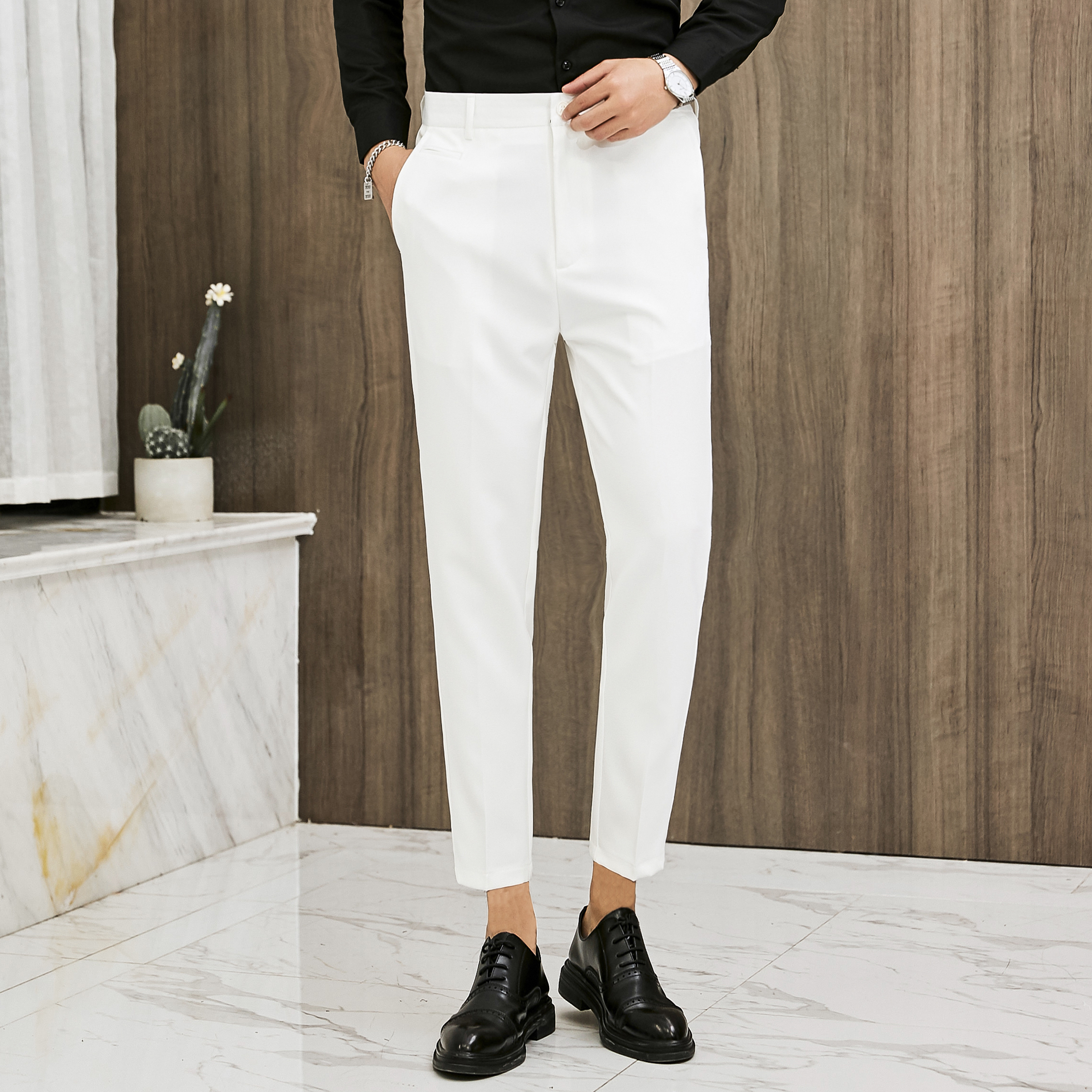 White nine-point pants men's Korean version of casual thin pants slim trousers trend wild suit pants 9-point drop sense smoke pipe pants