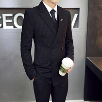British retro suit Mens suit Korean suit Mens double breasted slim-fit professional business work formal stripes