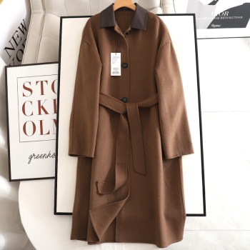 Wheat! quality 2024 winter camel leather collar loose single-breasted sheep wool double-sided coat for women