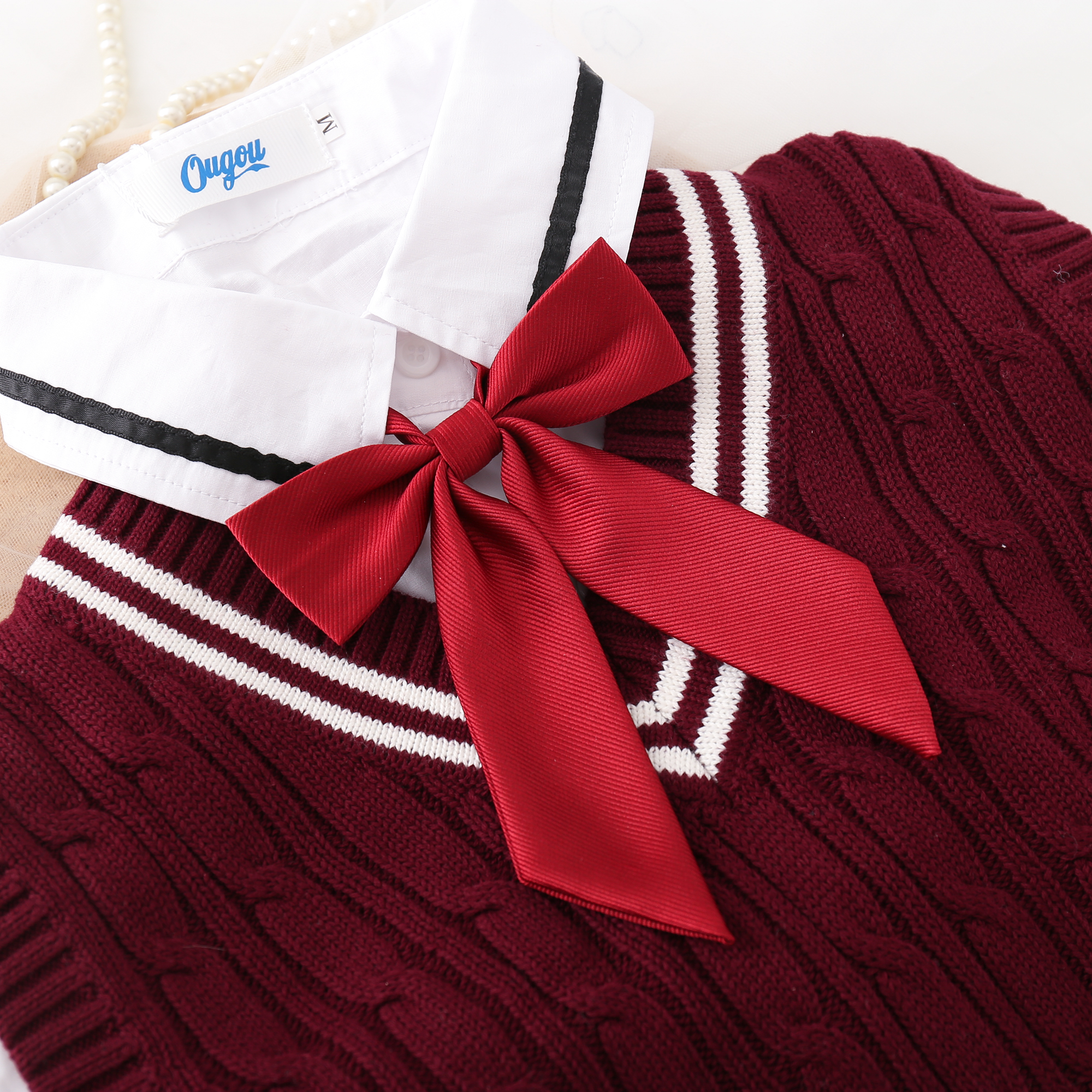 Good tie 2020 female jk neckline with small long handle diagonal textured pure color collar flower with college wind uniform shirt accessories 126