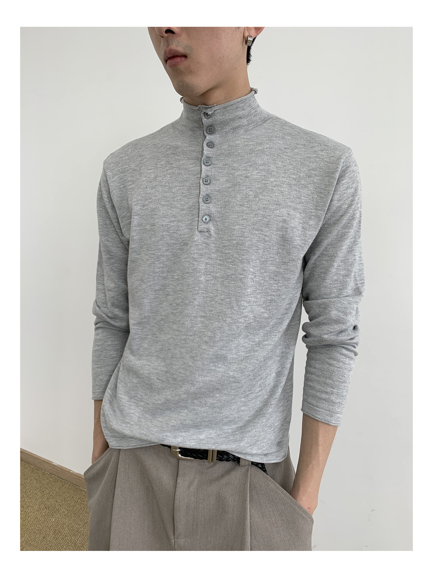 MION Wool-Blend Mock Neck Henley Tee