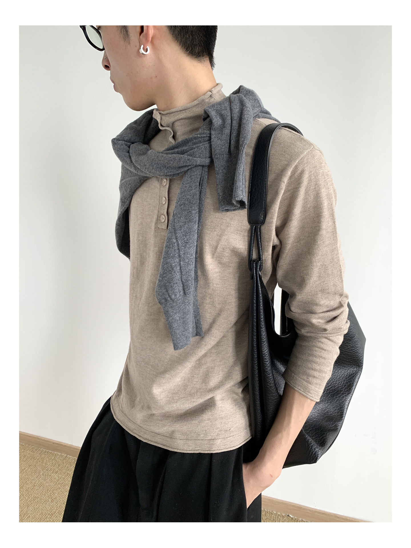 MION Wool-Blend Mock Neck Henley Tee