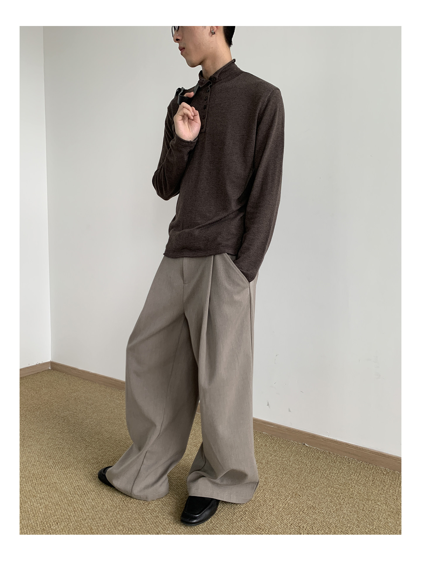 MION Wool-Blend Mock Neck Henley Tee