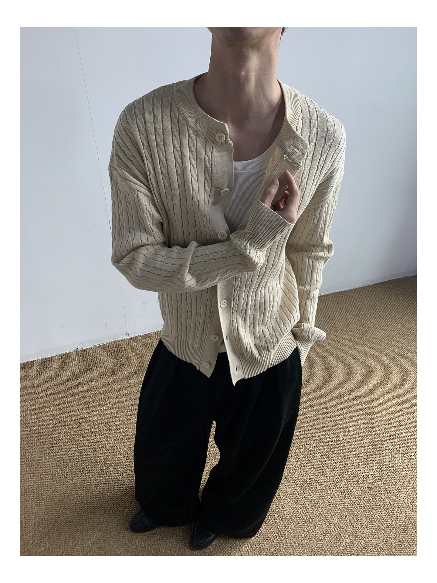MION Cable-Knit Button-Up Cardigan