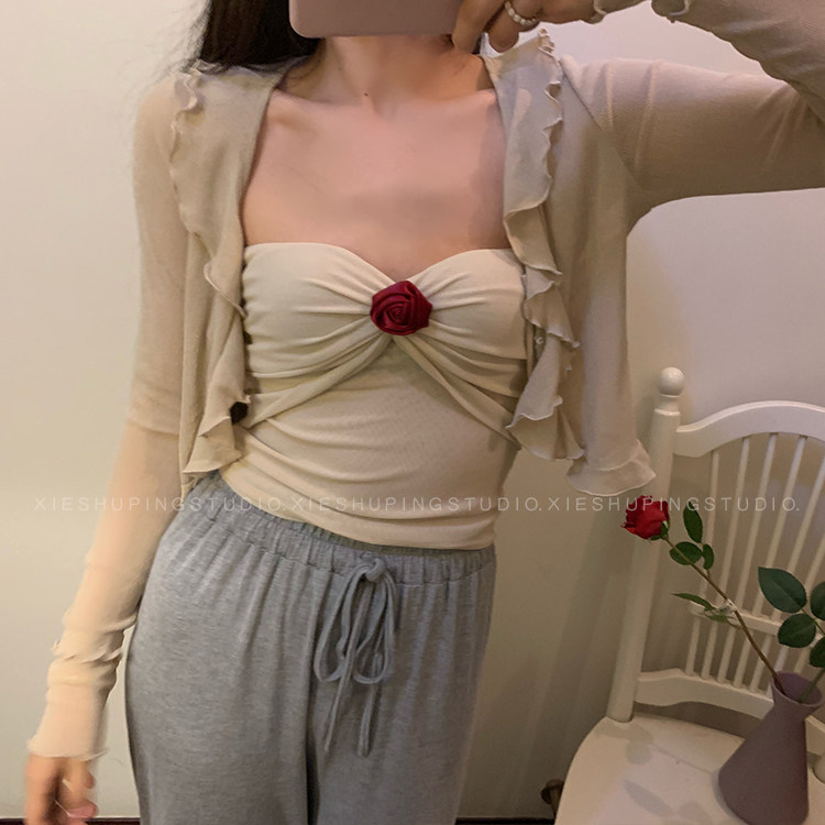 Oblique Beam Bottle Homemade Floating Comfort Lotus Leaf Side Sunscreen Ice Silk Cardigan Ultra Slim Long Sleeve Short cloak with small shawl-Taobao