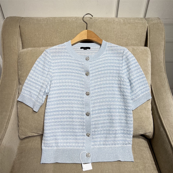 High-End 26 Summer Hot-Selling Shiny Rhinestone Buckle Fine Shiny Thread Fresh Striped Cardigan Jacket Blue and White Stripes High-End 26 Summer Hot-Selling Shiny Rhinestone Buckle Fine Shiny Thread Fresh Striped Cardigan Jacket Blue and White Stripes
