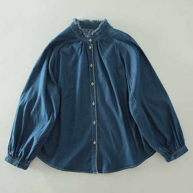 Literary retro raw edge stand collar design denim shirt