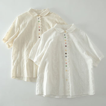 Summer new sweet lace placket buttons colorful embroidered cotton-sleeved shirt for women japanese lapel loose versatility shirt