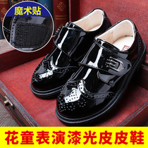 Children's Students Show Black Leather Shoes Boys New Year's Day Show Leather Shoes British Low-Top Velcro Flower Girl Dress Shoes