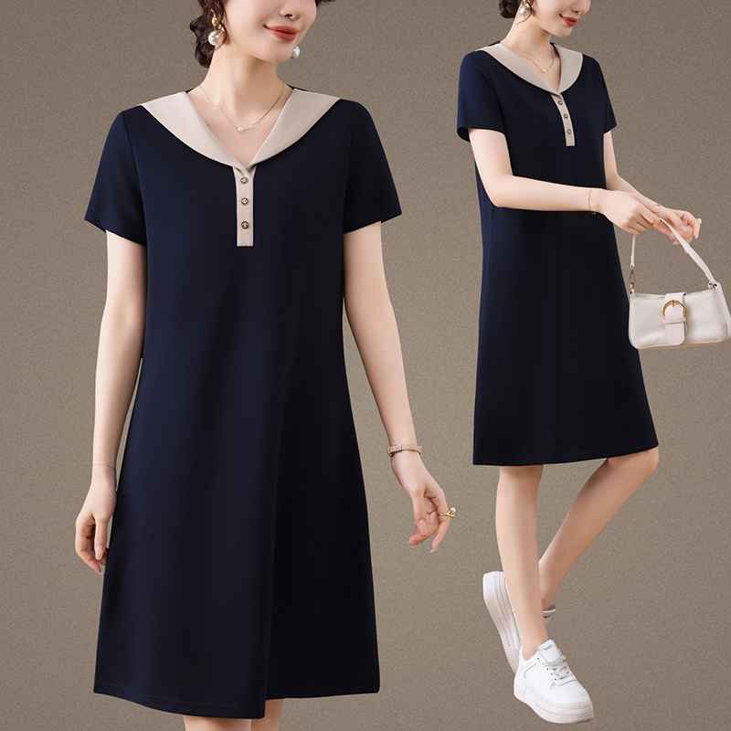 Navy Collar Short-Sleeved Dress for Women, Summer Royal Blue A-Line Dress, Slimming, Age-Reducing, Elegant Work Dress