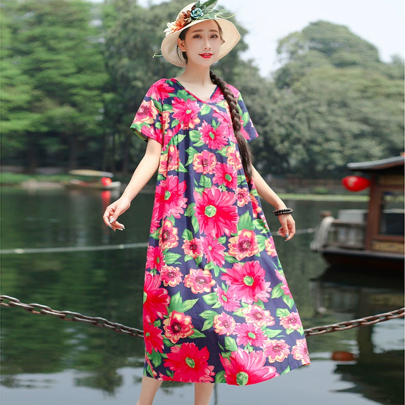 Phong cách dân tộc in retro phong cách dân tộc lỏng lẻo của phụ nữ là cotton mỏng và váy dài bằng vải lanh nữ 2020 mùa hè mới đầm xòe lớn - váy đầm