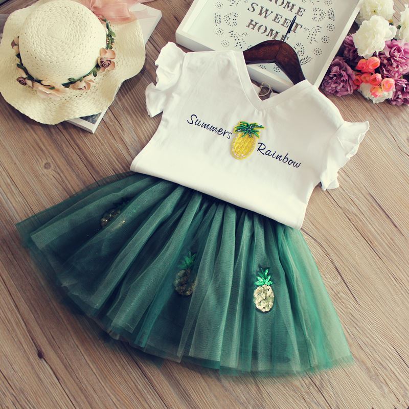 2018 mùa hè cô gái mới dứa nhỏ bay tay áo T-shirt + nửa chiều dài váy hai mảnh trẻ em pettiskirt phù hợp với