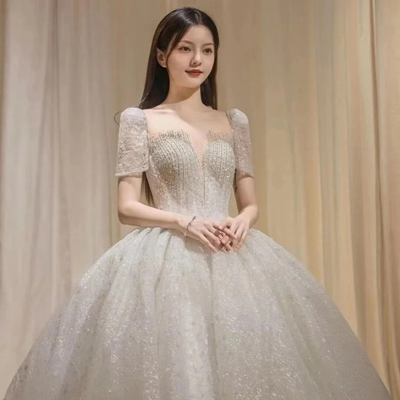 Starry sky luminous main yarn wedding dress 2021 new bride high-end atmosphere big tail temperament luxury heavy industry light 2022