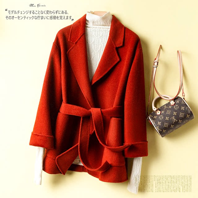 100% ຂົນສັດບໍລິສຸດ 100% ເສື້ອຂົນສັດຂົນສັດສອງດ້ານຂອງແມ່ຍິງສັ້ນແລະກາງ woolen coat loose cashmere thickened belt ສະບັບພາສາເກົາຫຼີ
